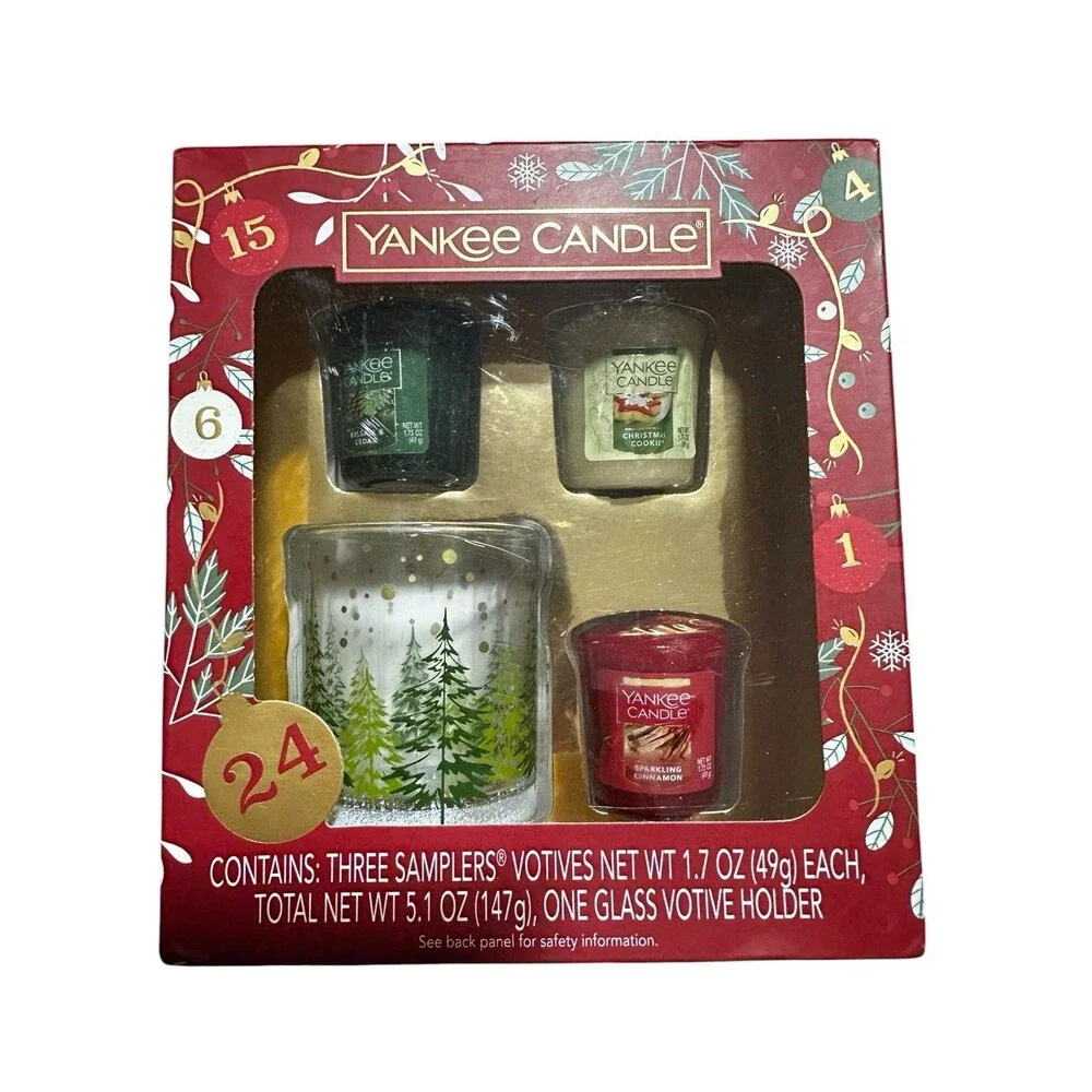 Yankee Candle Holiday Sampler Glass Votive Holder  Balsam, Cookies, Cinnamon NIB